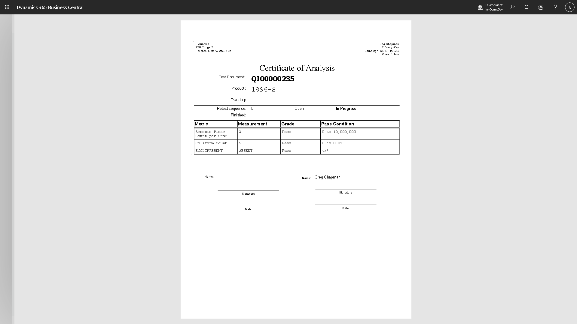 Certificate of Analysis