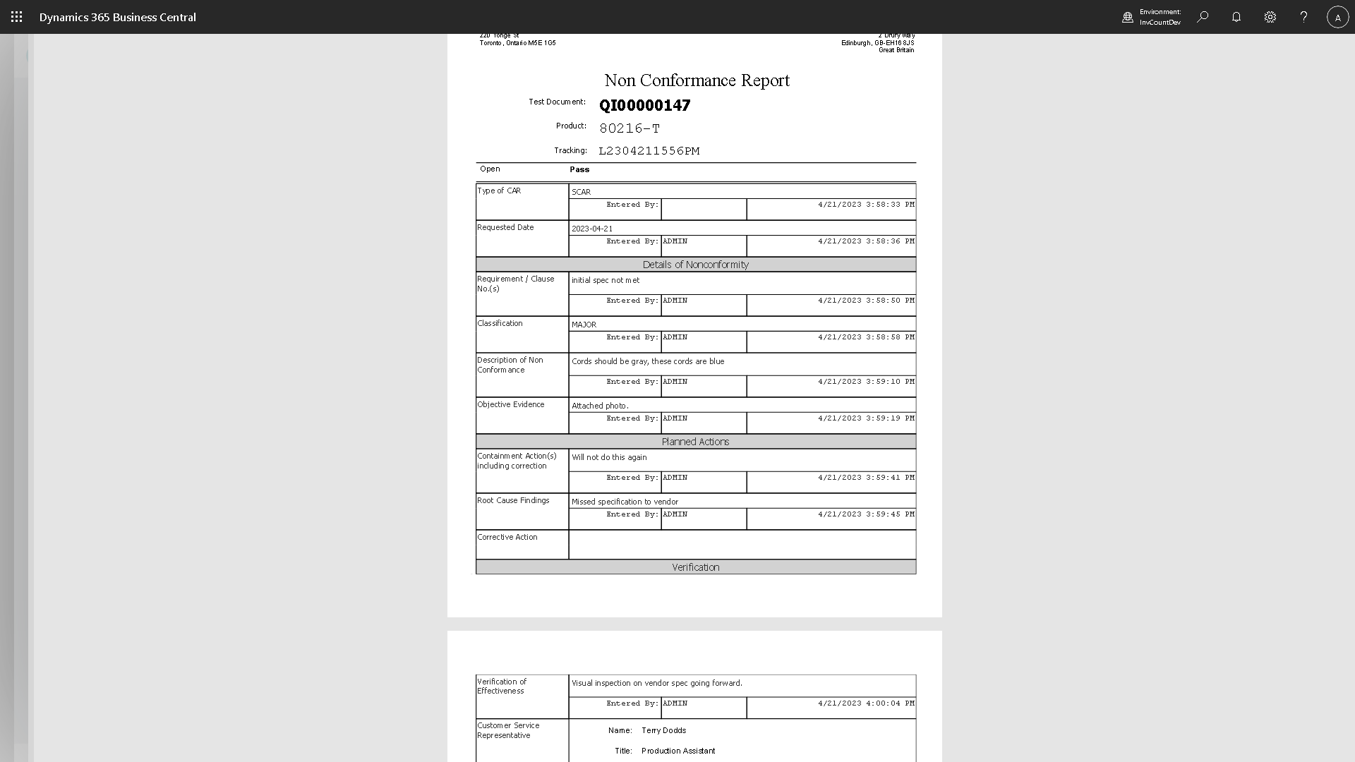 Non-Conformance Report